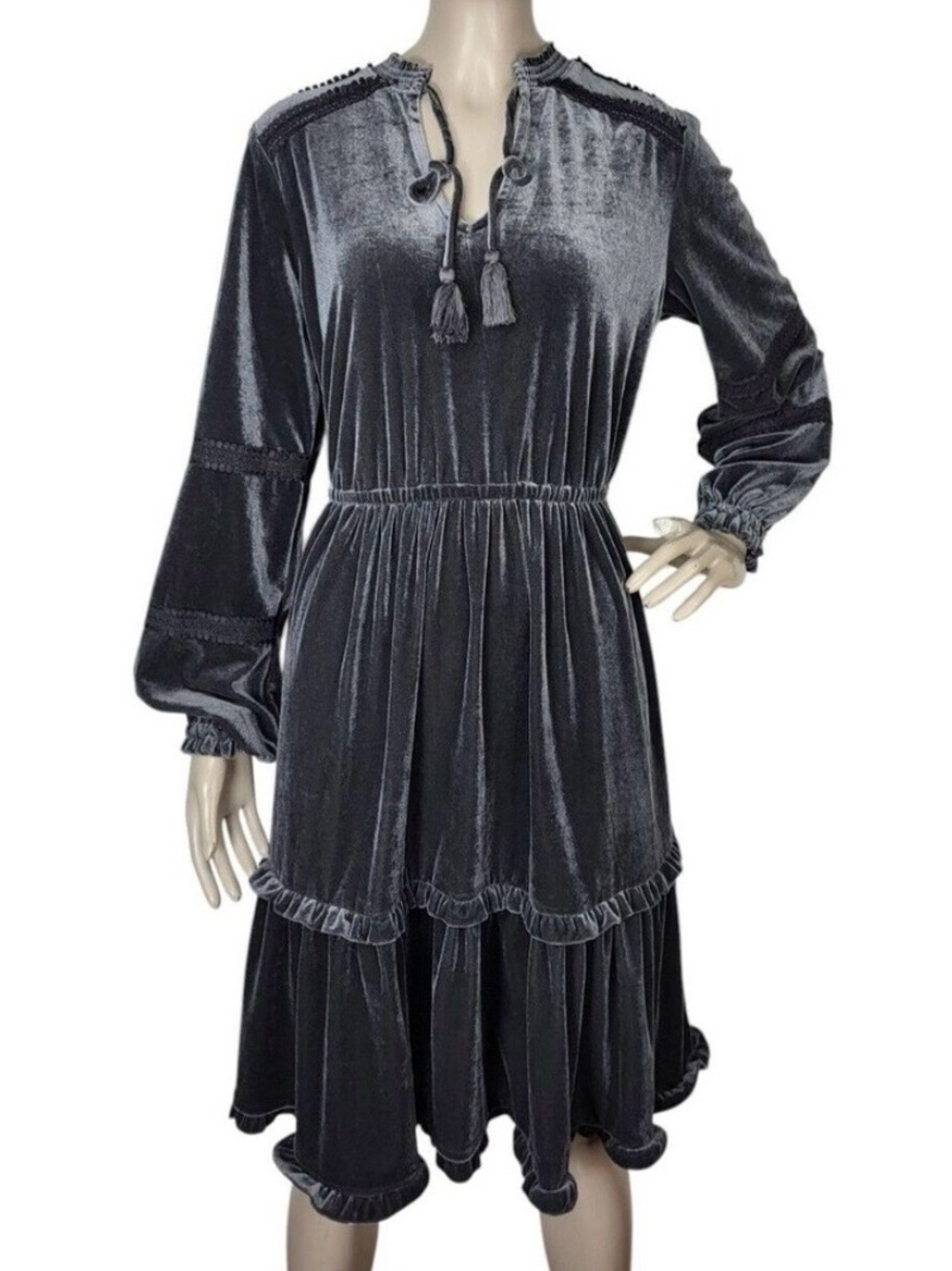 Velvet Tiered Midi Dress with Tassel Tie - Black